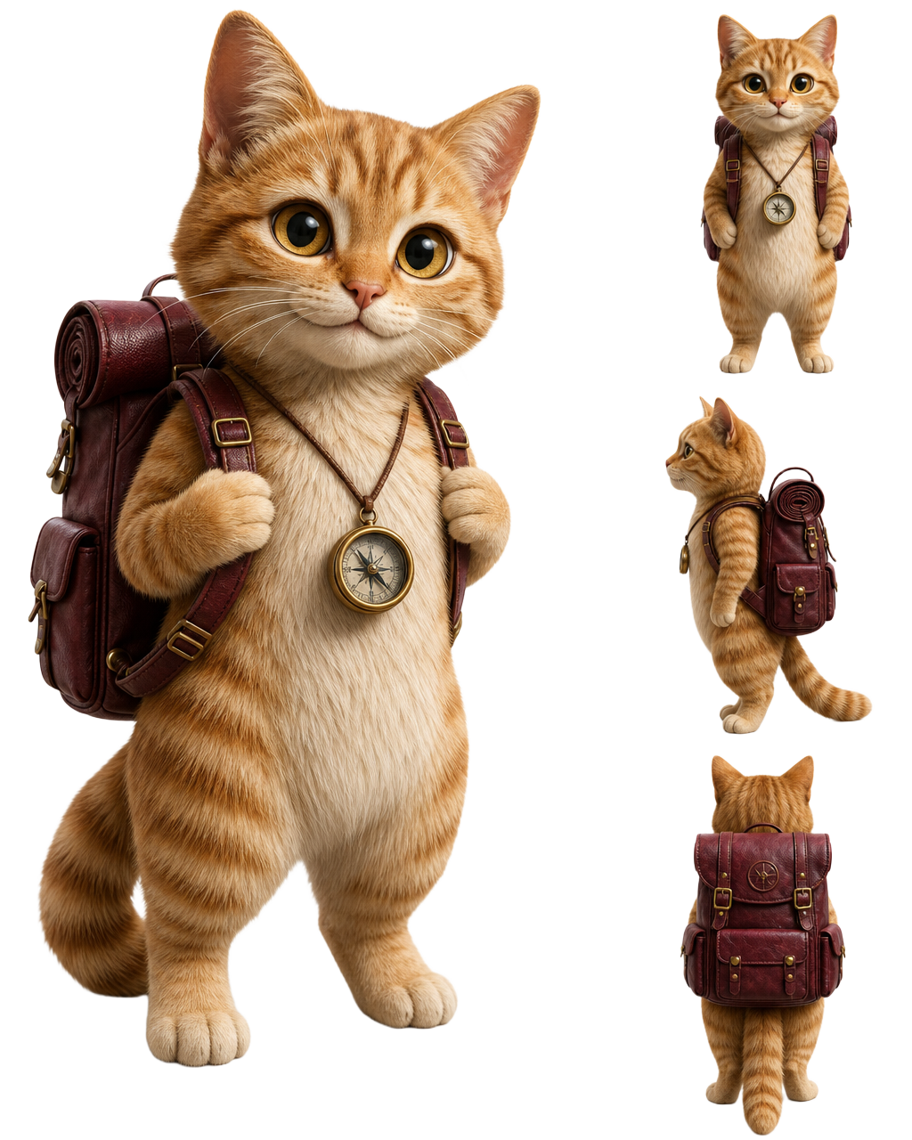 A photorealistic 3D tabby cat with a burgundy explorer backpack and brass compass